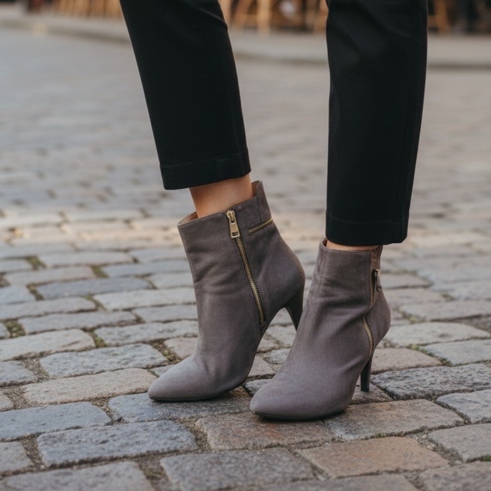 Bellini Claudia Ankle Boots Womens 7W Grey Faux‎ Suede Kitten Heel Gold Zip